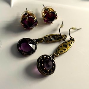 2 pair of earrings- purple rhinestones